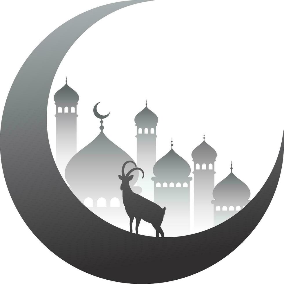 Grey Crescent Moon with Mosque and Silhouette Goat on White Background. vector