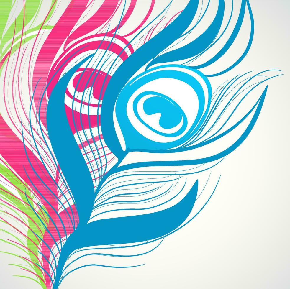 Peacock feather in blue, pink and green colors. vector