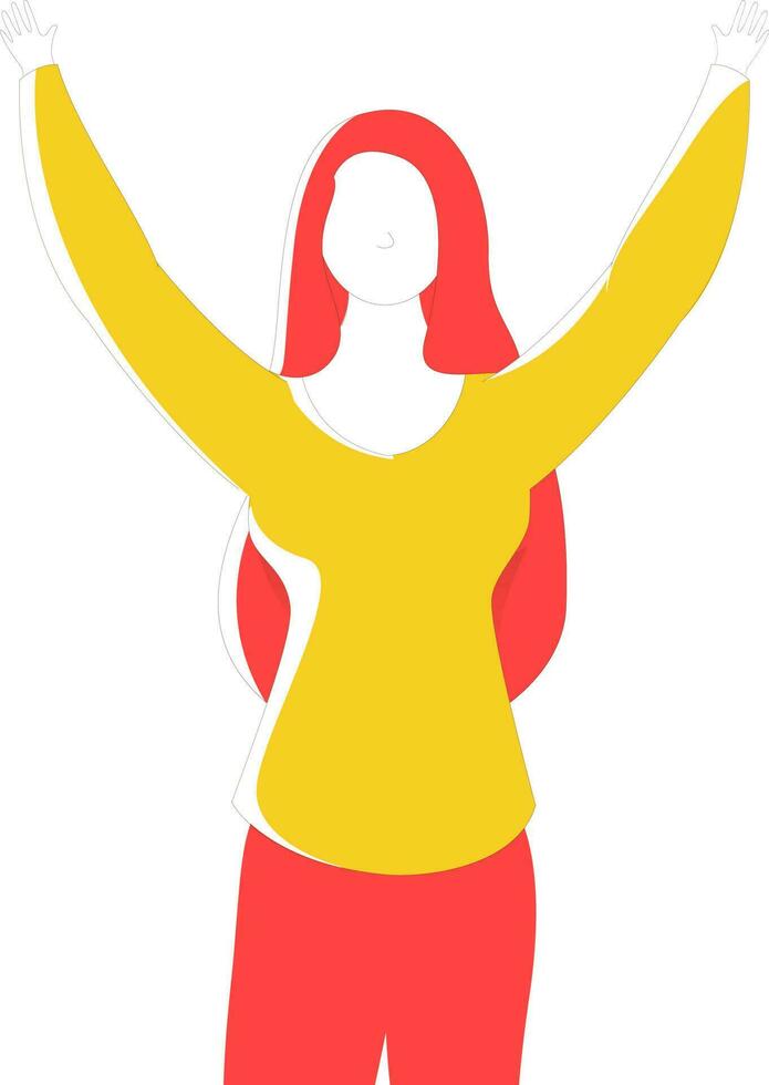 Vector illustration of hands up woman standing cartoon character.