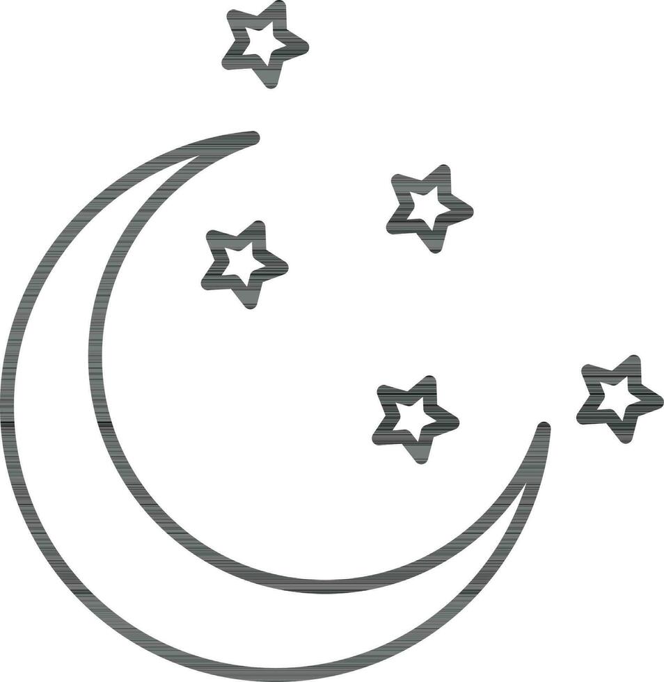 negro línea Arte ilustración de creciente Luna con estrellas icono. vector