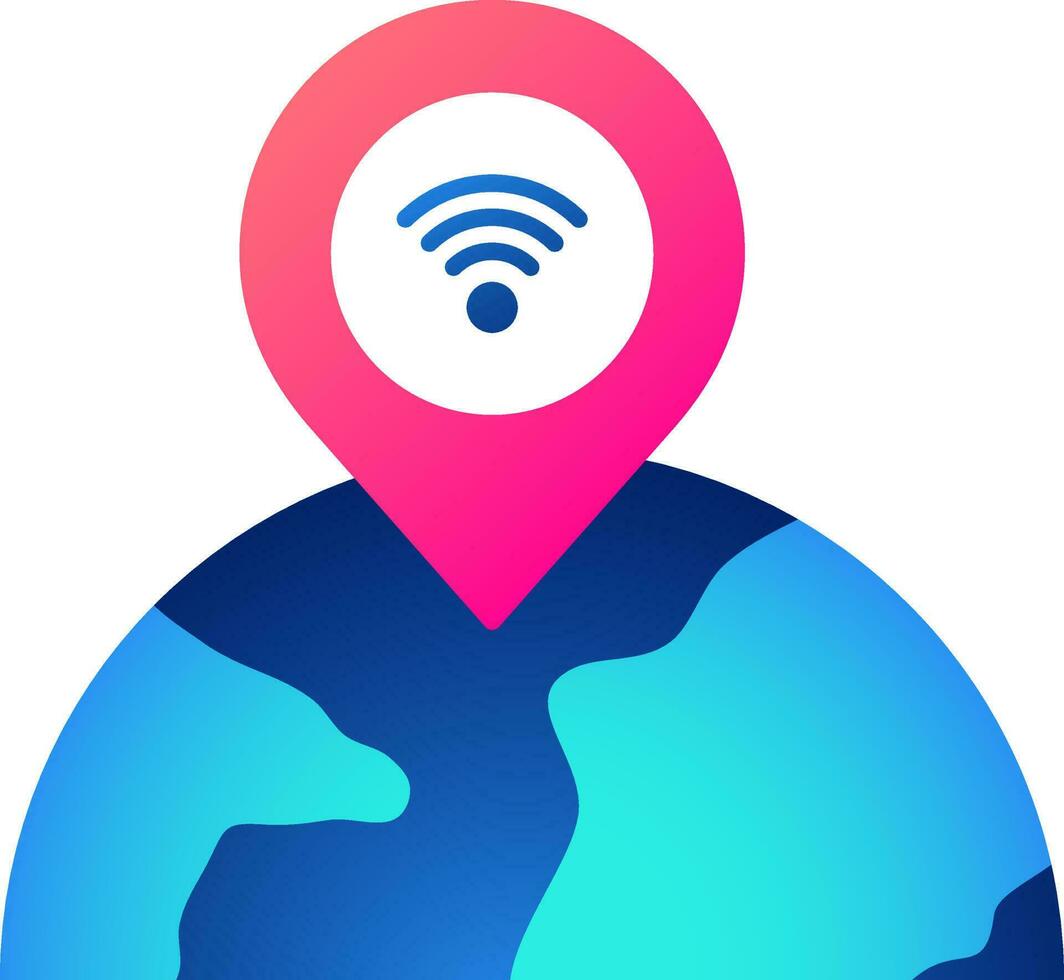 Wifi símbolo ubicación alfiler en tierra globo icono en rojo y azul color. vector