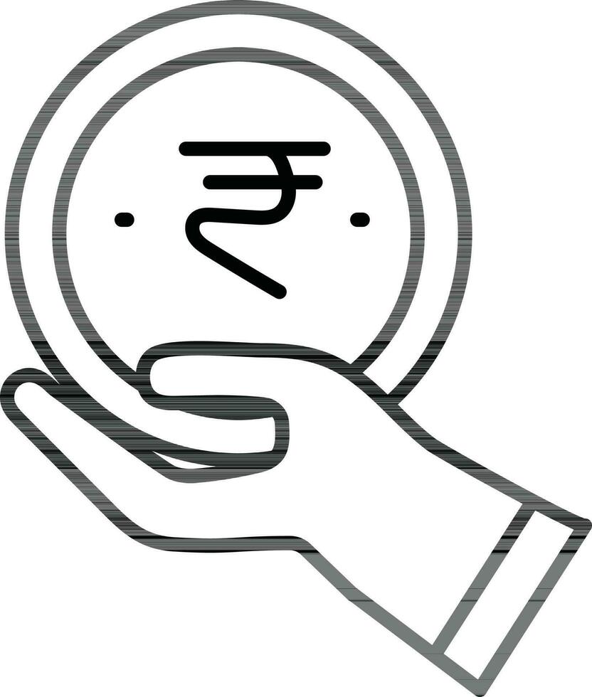 Hand holding money coin icon in black line art. vector