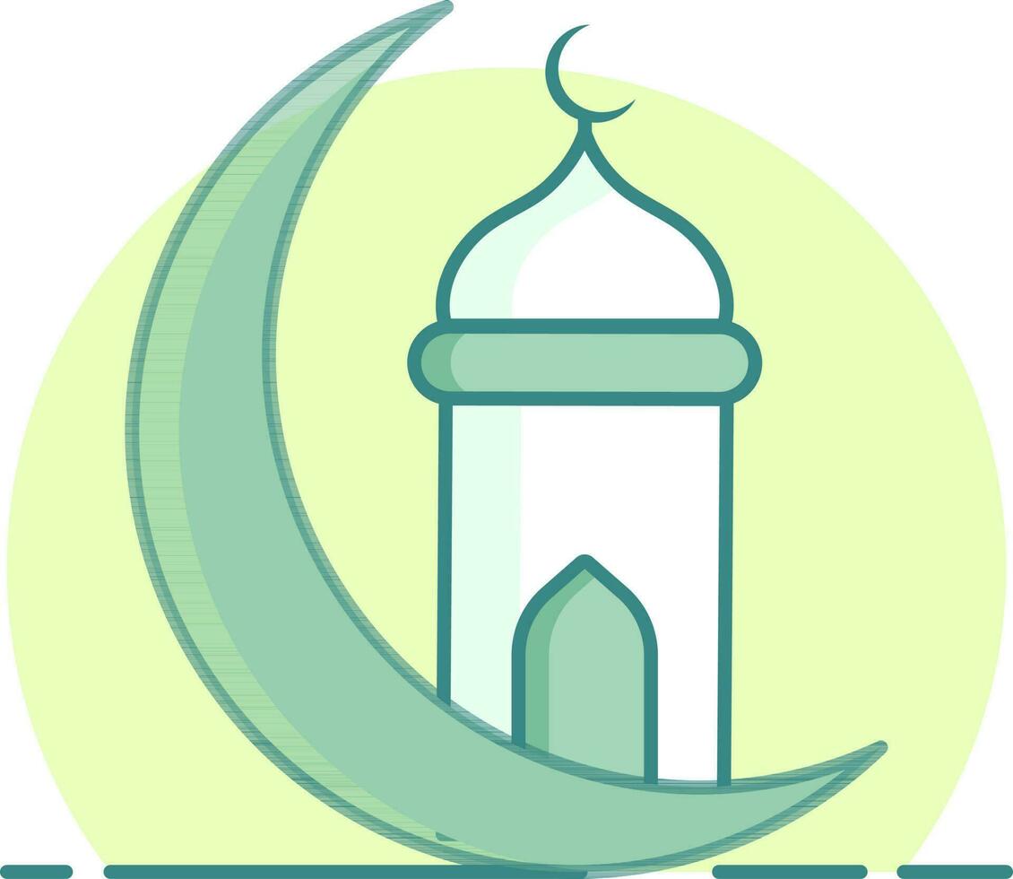 Crescent Moon with Mosque Minaret icon in flat style. vector