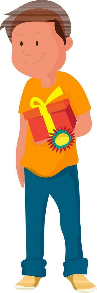 linda chico vistiendo rakhi y participación un regalo caja. vector