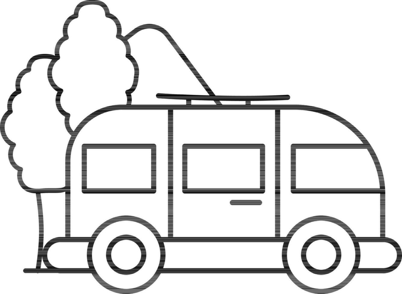 Line art Caravan with tree and mountain icon. vector