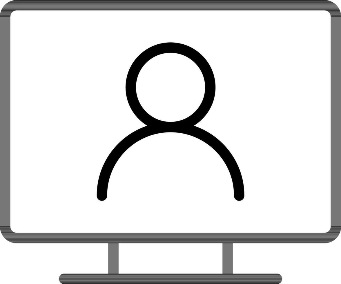 Man in desktop screen icon in thin line art. vector