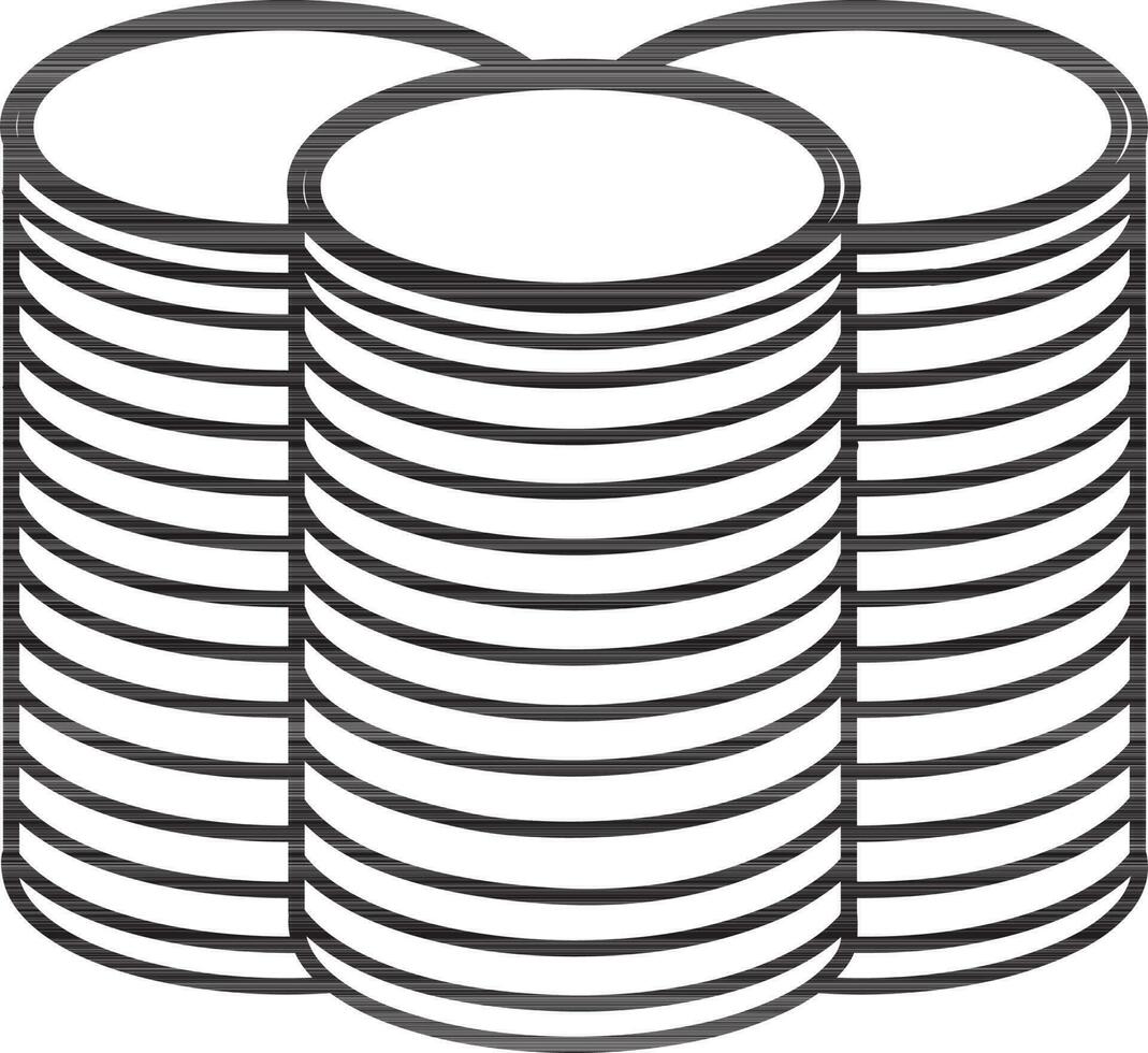 Three cash in stacks of coins in black line art. vector