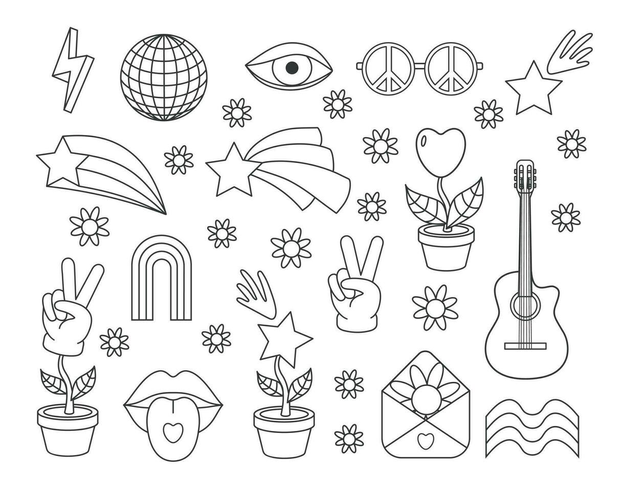 Outline peace, Love,  rainbow,  heart, star, mouth, guitar icon  etc. Isolated vector illustration.   Groovy hippie line 70s set.