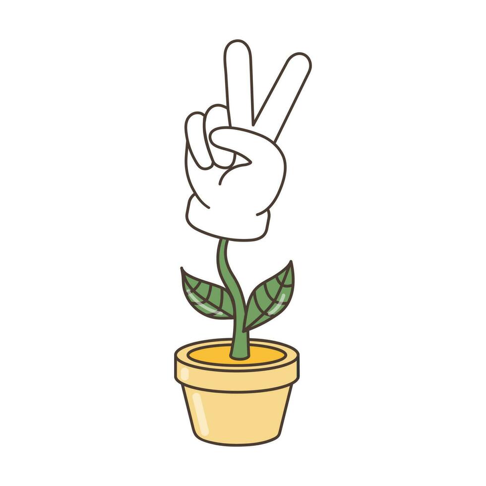 Hand gesture V sign as victory or peace  icon. Illustration in cartoon style. Hand in flower pot.  70s retro clipart  vector design.