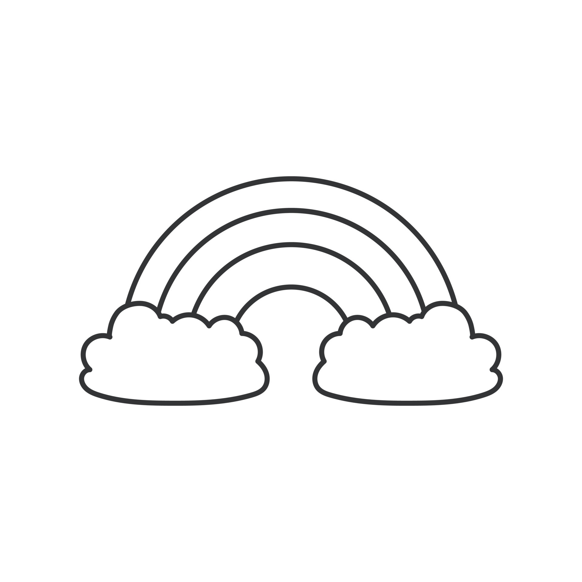 Rainbow icon with clouds. Illustration in outline style. 70s retro ...