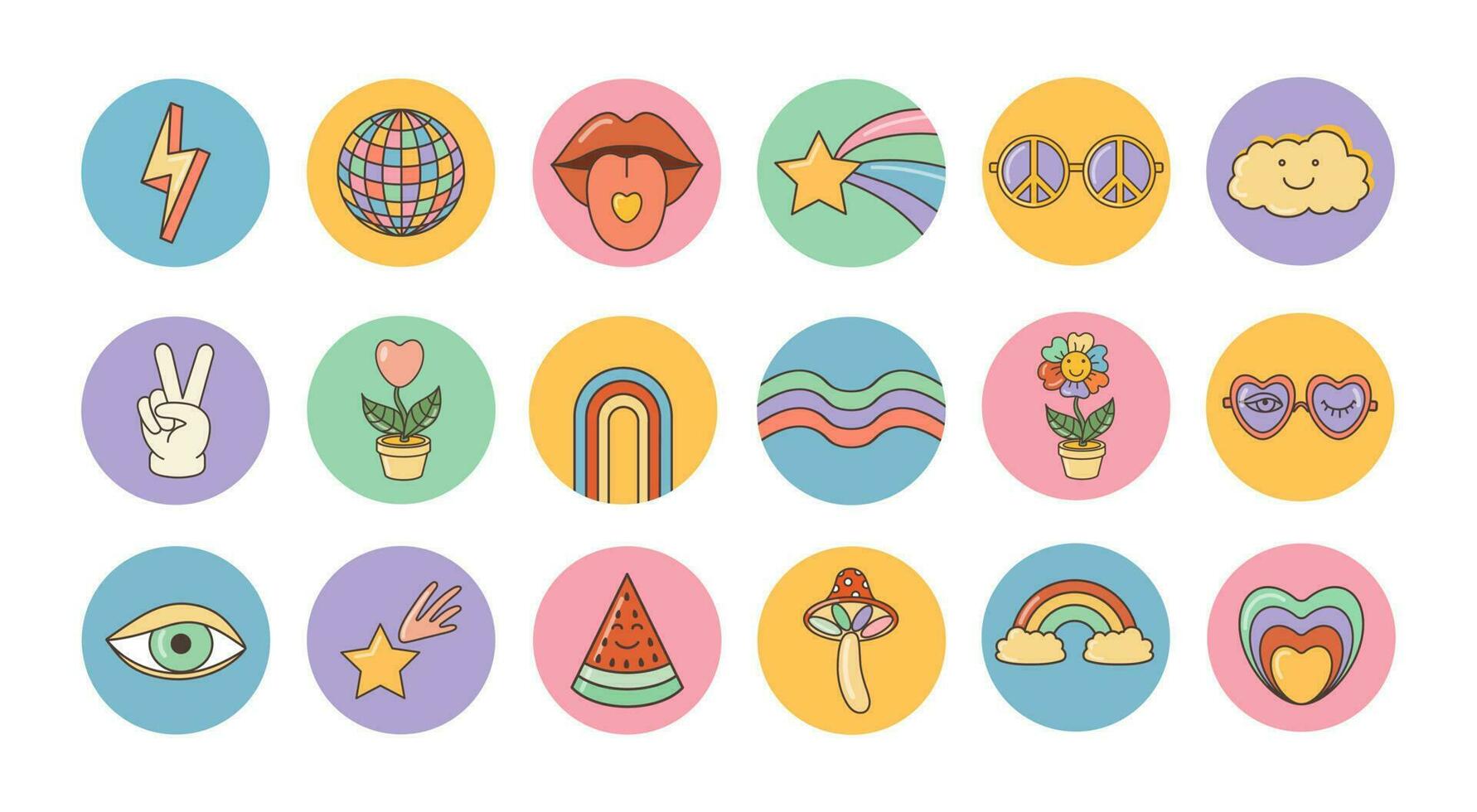 Funny cartoon  heart, rainbow, peace, love icons etc. Isolated  cartoon vector illustration. Sticker pack in trendy retro psychedelic style. Groovy hippie 70s set.