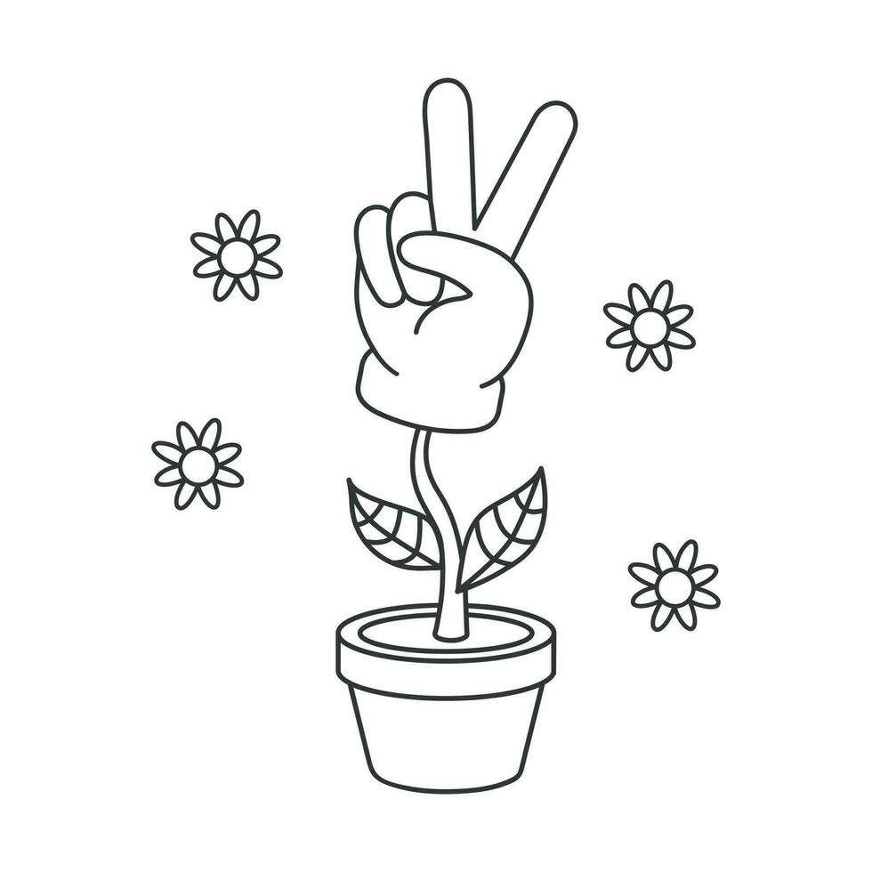 Hand gesture V sign as victory or peace  icon. Illustration in outline  style. Hand in flower pot.  70s retro vector design.