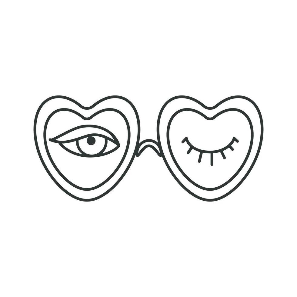 Heart shaped glasses icon.  Illustration in outline style. 70s retro vector design.