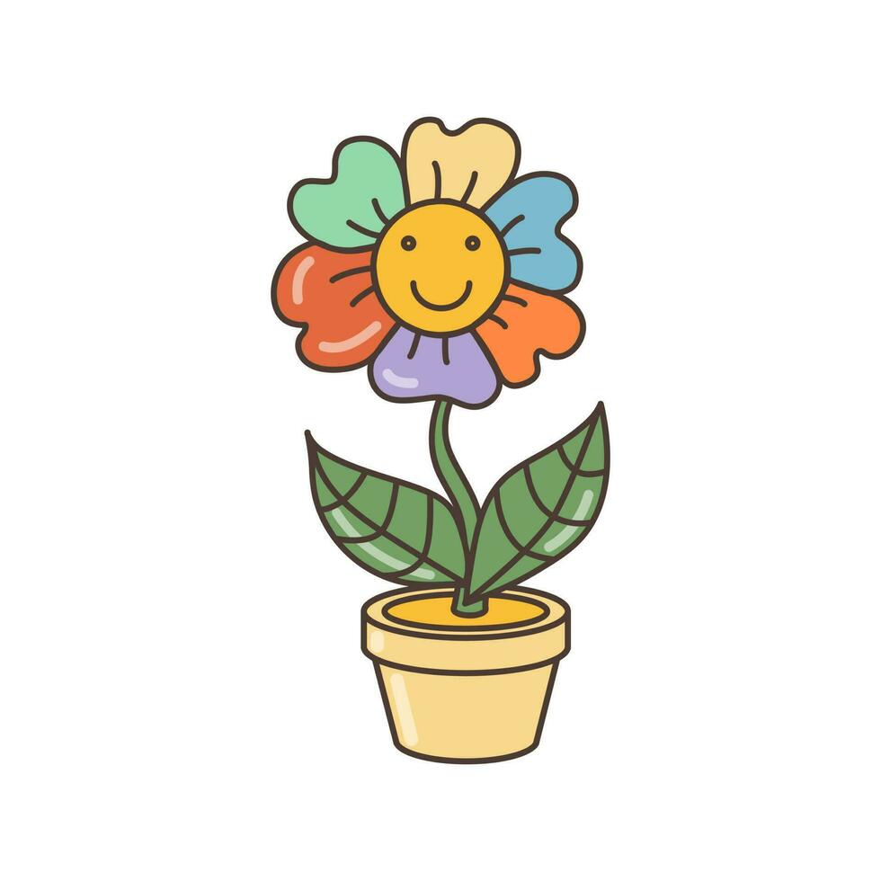 icono de un sonriente multicolor margarita en un flor maceta. ilustración en dibujos animados estilo. 70s retro clipart vector diseño.