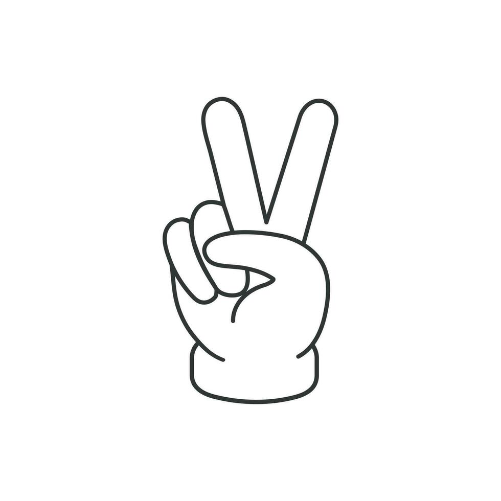 Hand gesture V sign as victory or peace  icon. Illustration in outline style. 70s retro vector design.