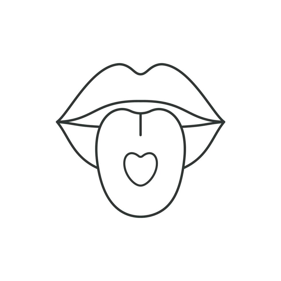 Mouth icon with tongue sticking out and heart.  Illustration in outline style. 70s retro vector design.