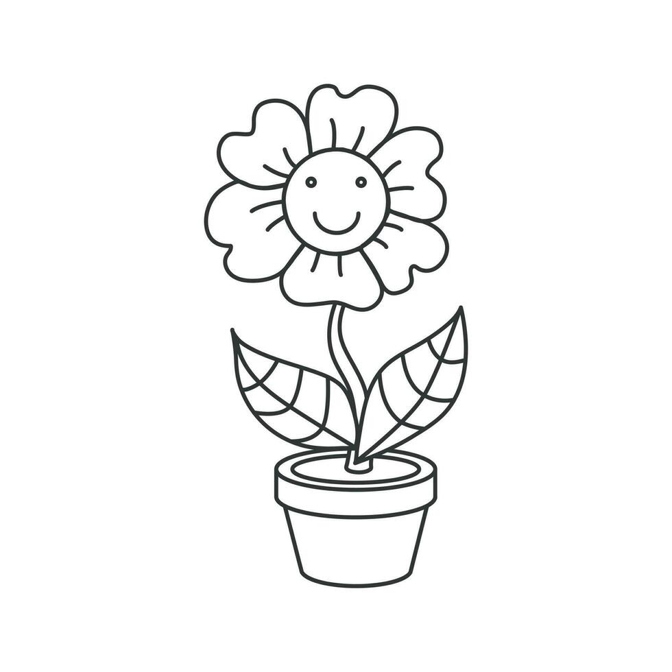 icono de un sonriente margarita en un flor maceta. ilustración en contorno estilo. vector diseño.