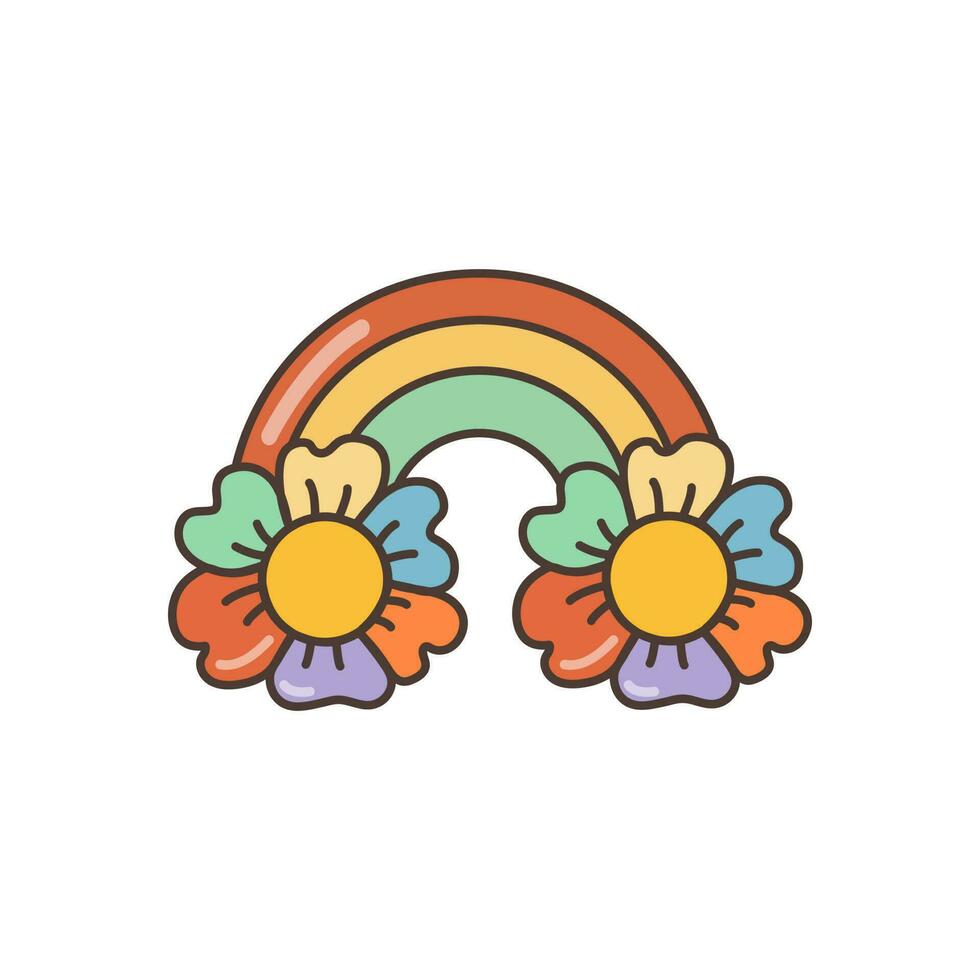 arco iris icono con flores ilustración en dibujos animados estilo. 70s retro clipart vector diseño.