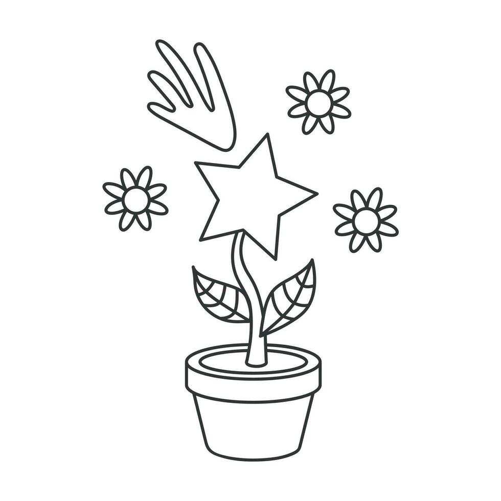 icono de un estrella creciente desde un vástago en un flor maceta. ilustración en contorno estilo. 70s retro vector diseño.