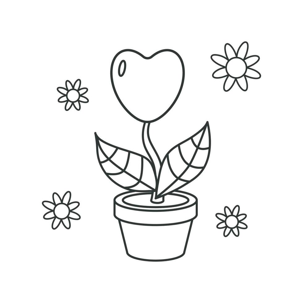 icono de un corazón creciente desde un vástago en un flor maceta. ilustración en contorno estilo. 70s retro vector diseño.