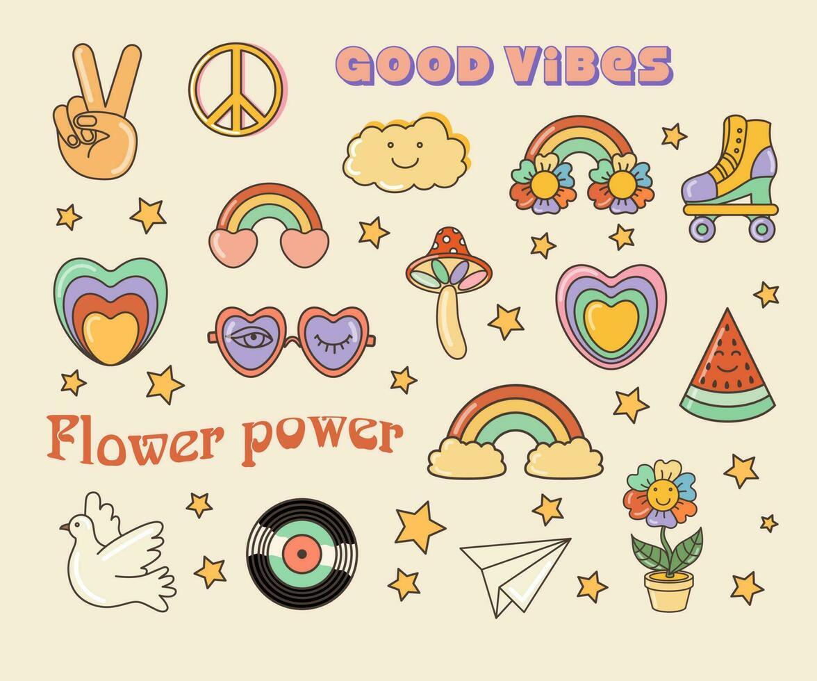 Funny cartoon peace, Love, flower, rainbow,  heart, daisy, mushroom, dove etc. Isolated vector illustration. Sticker pack in trendy retro psychedelic cartoon style.  Groovy hippie 70s set.