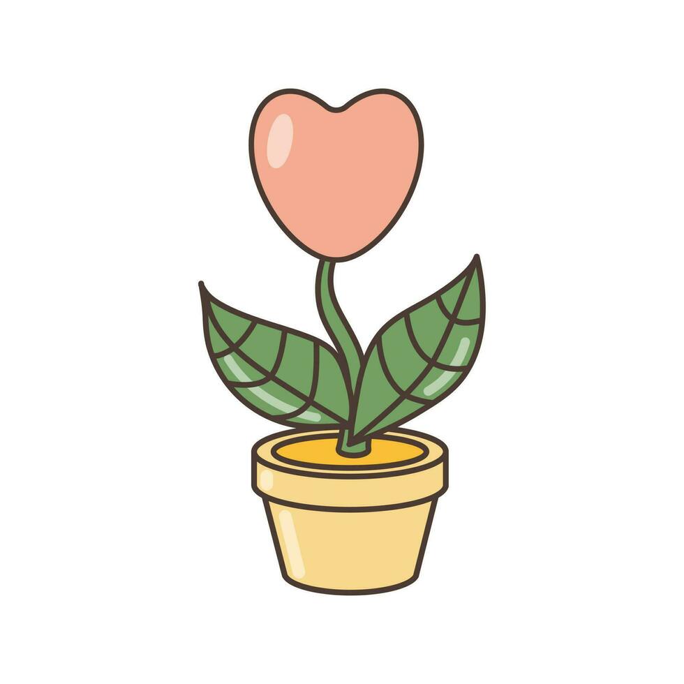 icono de un corazón creciente desde un vástago en un flor maceta. ilustración en dibujos animados estilo. 70s retro clipart vector diseño.