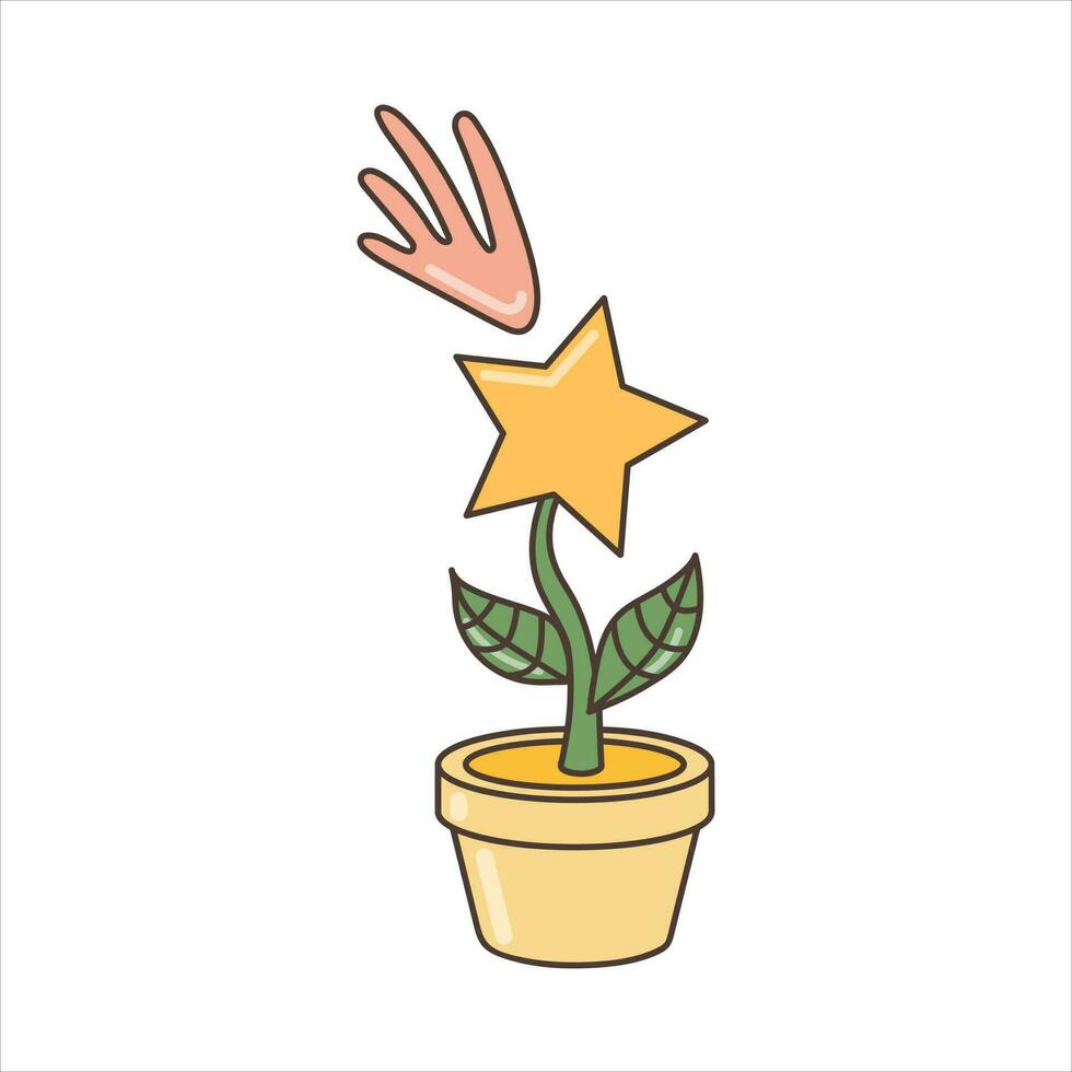 icono de un estrella creciente desde un vástago en un flor maceta. ilustración en dibujos animados estilo. 70s retro clipart vector diseño.