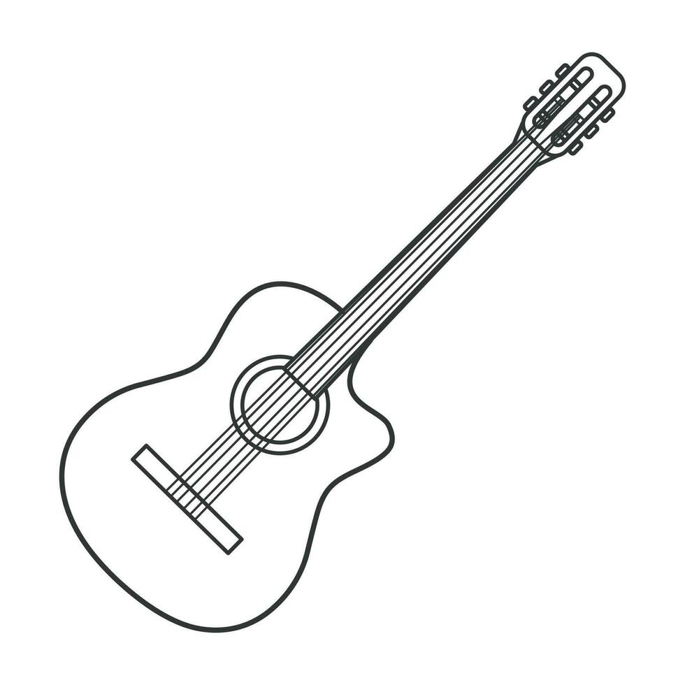 Green acoustic guitar icon.  Illustration in outline  style. 70s retro vector design.
