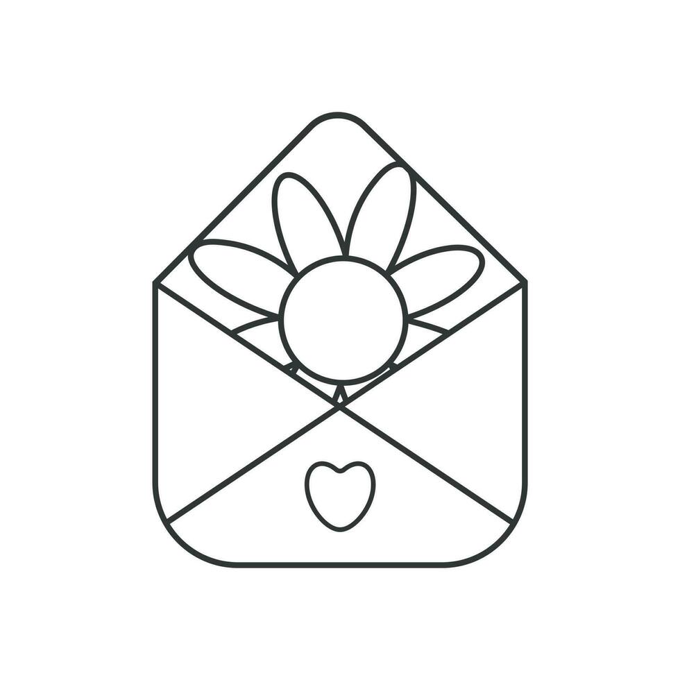 Envelope icon with chamomile inside and heart.  Illustration in outline style. 70s retro vector design.