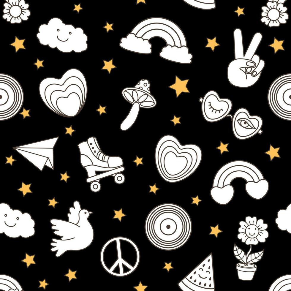 1970-1960s elements Seamless Patterns Design Wallpaper. Cartoon vector illustration. Trendy retro psychedelic style