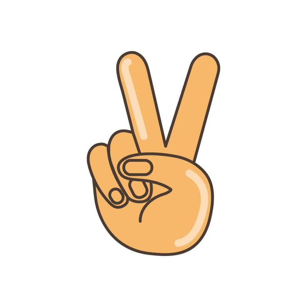 Hand gesture V sign as victory or peace  icon. illustration in cartoon style. 70s retro clipart  vector design.