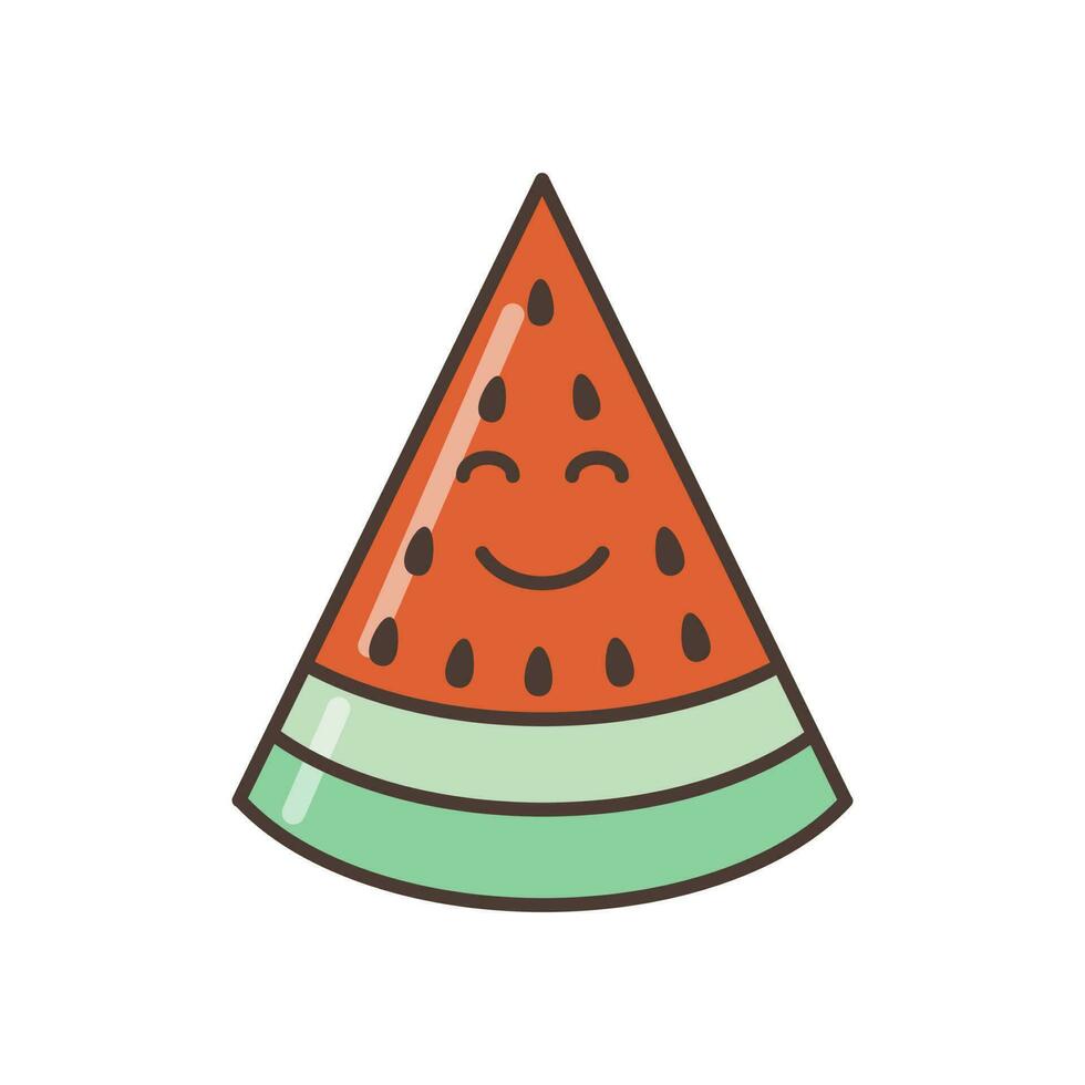 Smiling watermelon slice icon. Illustration in cartoon style. 70s retro clipart  vector design.