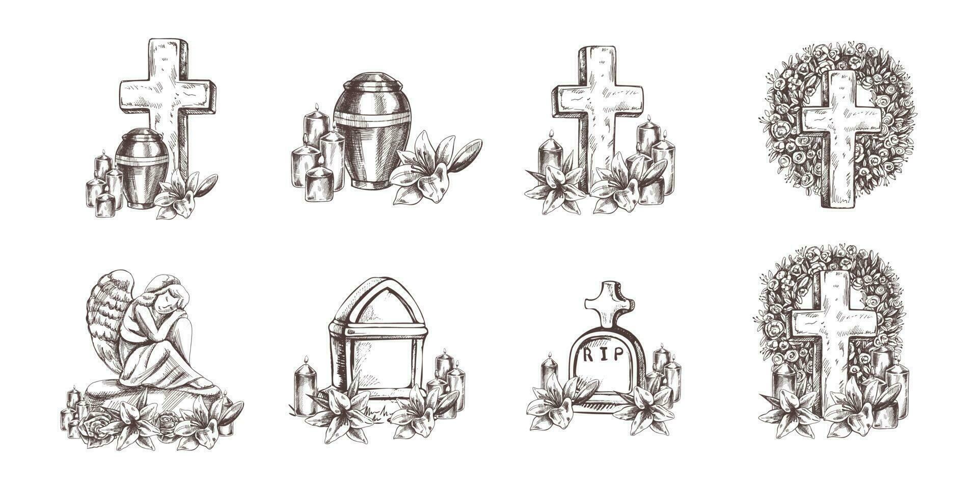 Funeral service.  Vector illustration. Attributes and symbols of condolence, loss, dead, bereavement and cemetry. Sketch of vintage stone angel, tombstone, urn, cross, resurrection.