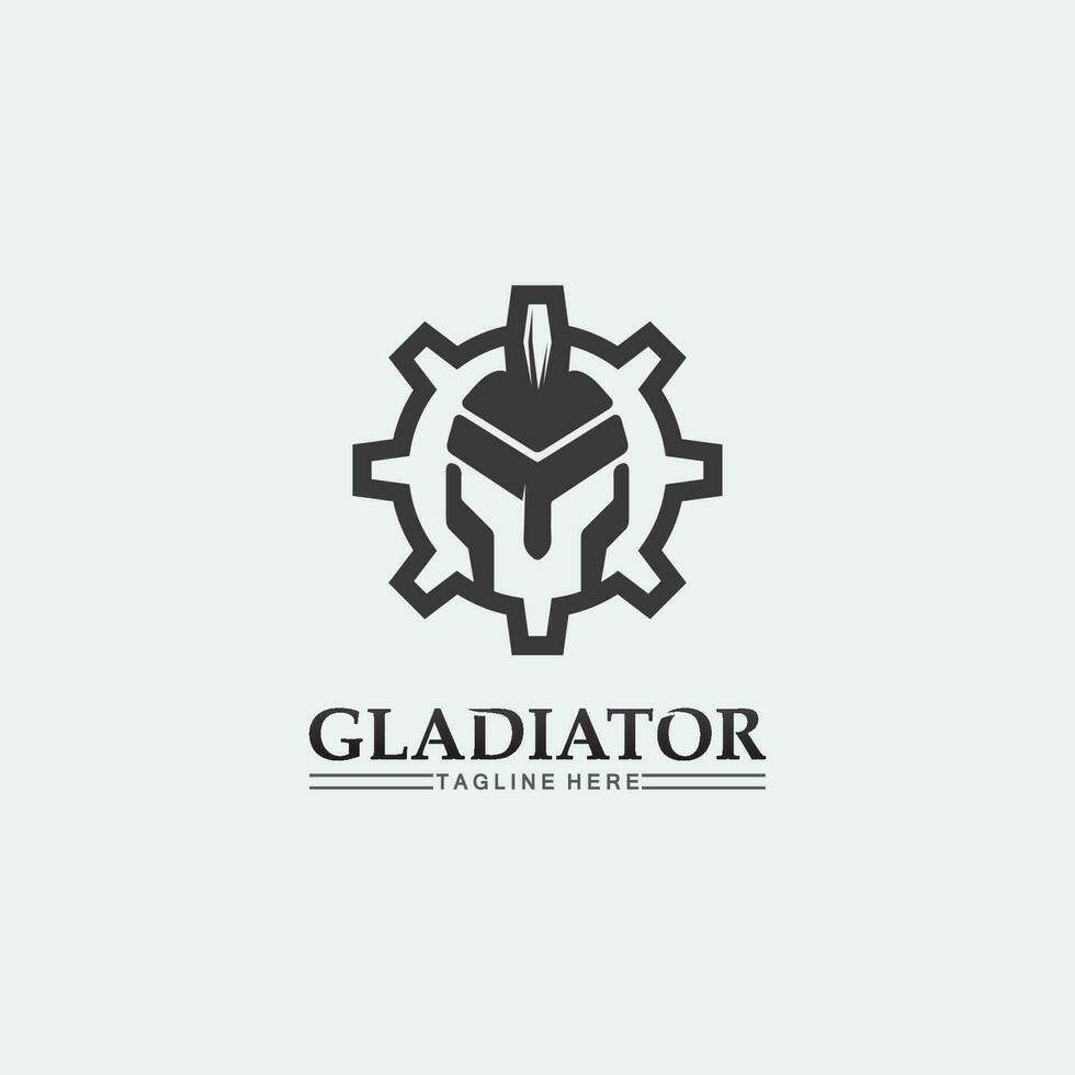 logo de casco espartano y gladiador, poder, vintage, espada, seguridad, logo legendario y vector de soldado clásico