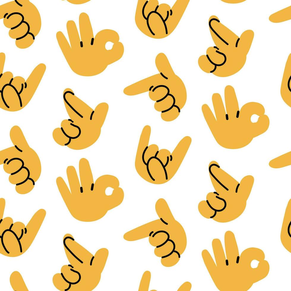 A pattern of hand signs rock, love, support, hold on, ok, up, gun, down, class and others with a black outline on a white background. Cartoon hands. Printing on textiles and paper vector