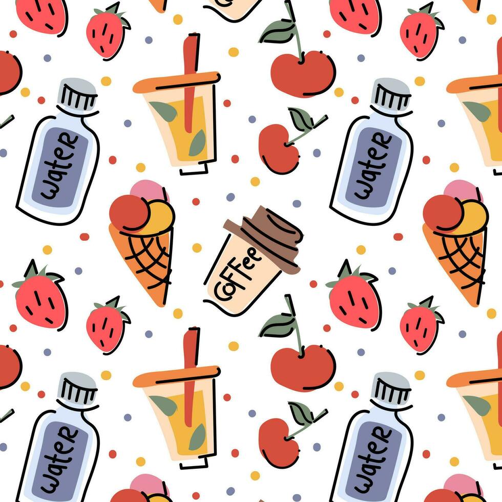 A pattern of cute little stickers with stylish illustrations of water, drinks, fruits. Seamless background with fashionable cozy elements. Ideal for printing on textiles and paper. Ornament for a cafe vector