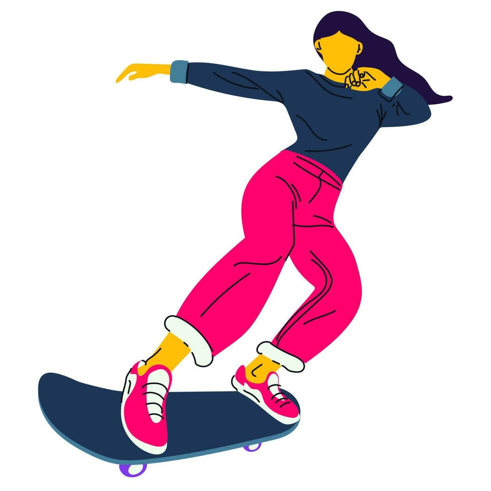 póster de el internacional patinar día. un niña paseos un patineta en un blanco antecedentes. patineta trucos, andar en patineta, saltando bandera con brillante personas para el fiesta en junio 21 vector