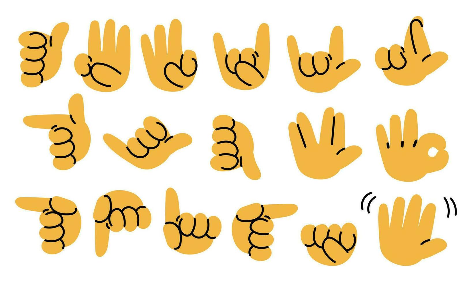 A set of youth slang hand signs, hand movements. Vector illustration in the style of a flat cartoon. Yellow round chubby hands show signs ok, rock, love, direction, support, greeting, call me, cool
