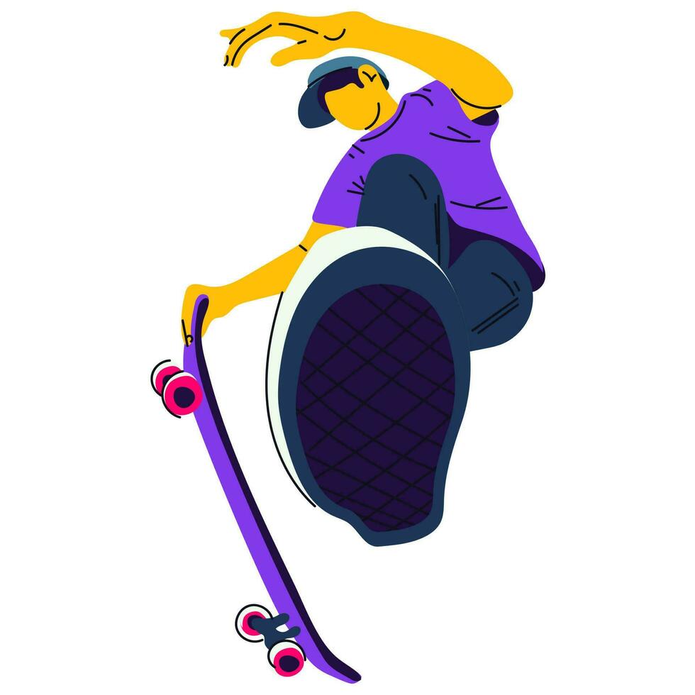 ilustración de un chico con un patineta ejecutando un patineta saltar en un blanco antecedentes. patineta trucos, Patinaje, saltando en un especial plataforma. de madera rampa. activo juventud en brillante jugoso colores vector