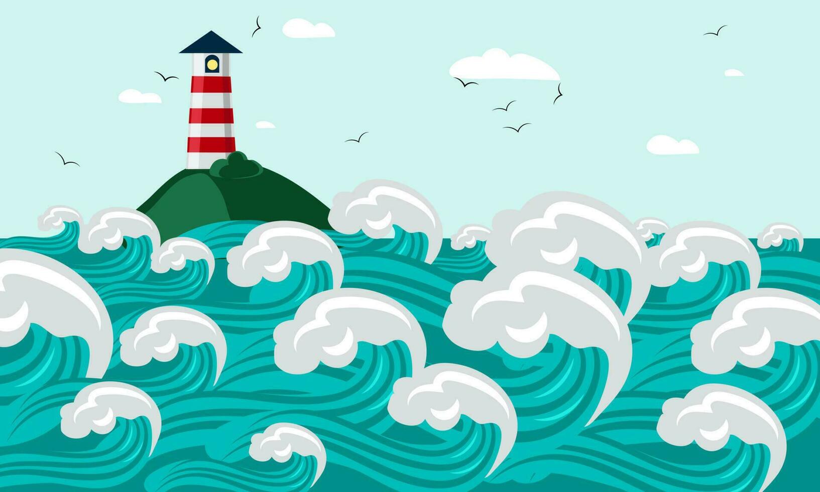 Lighthouse on the rocks of the islands around the sea rough waves cartoon vector background. Lighthouse in the ocean for navigation illustration. Children's illustration for printing as a postcard