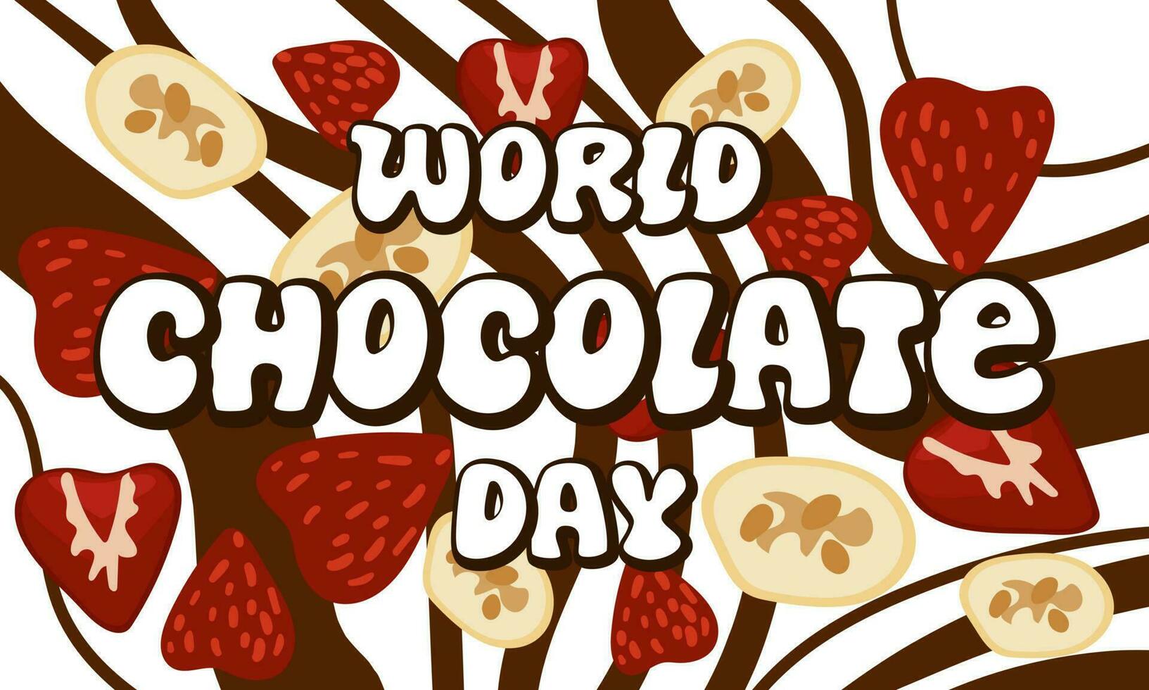 Vector illustration for the World Chocolate Day. The inscription on the background of mixed white and dark chocolate with strawberries and banana. An idea for a poster, banner, leaflet, postcard