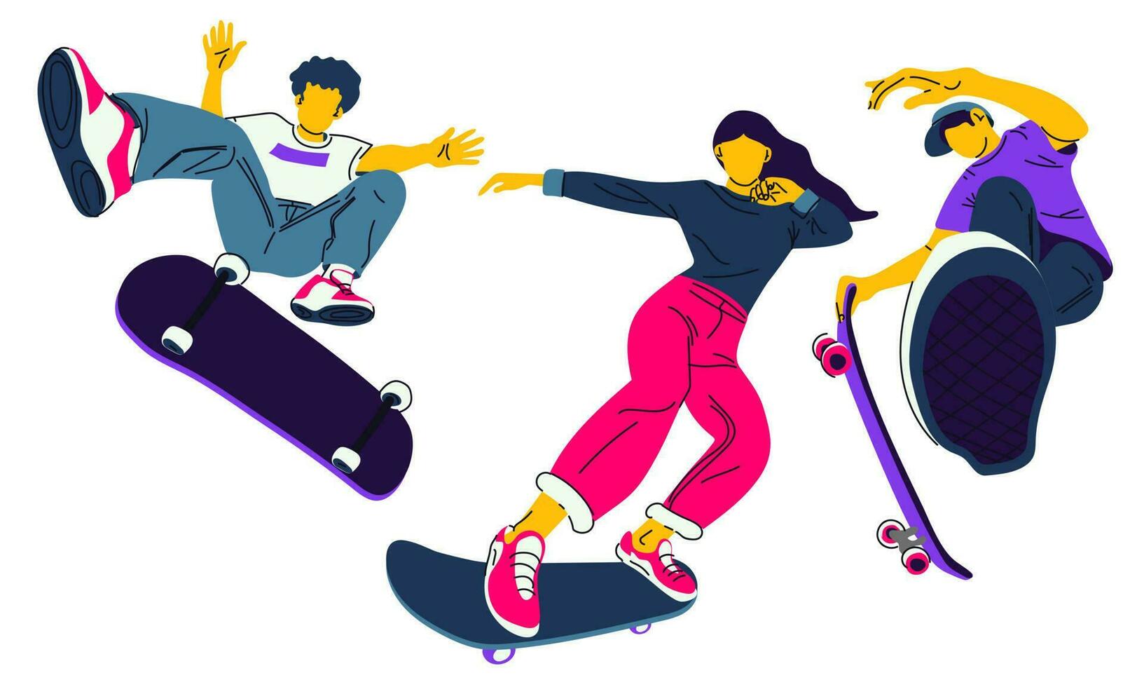 un conjunto de Niños y muchachas para andar en patineta adolescentes paseo un longboard, saltar y realizar trucos. el gratis estilo de vida de un figura patinador. urbano patineta Deportes. vector ilustración de dibujos animados personas