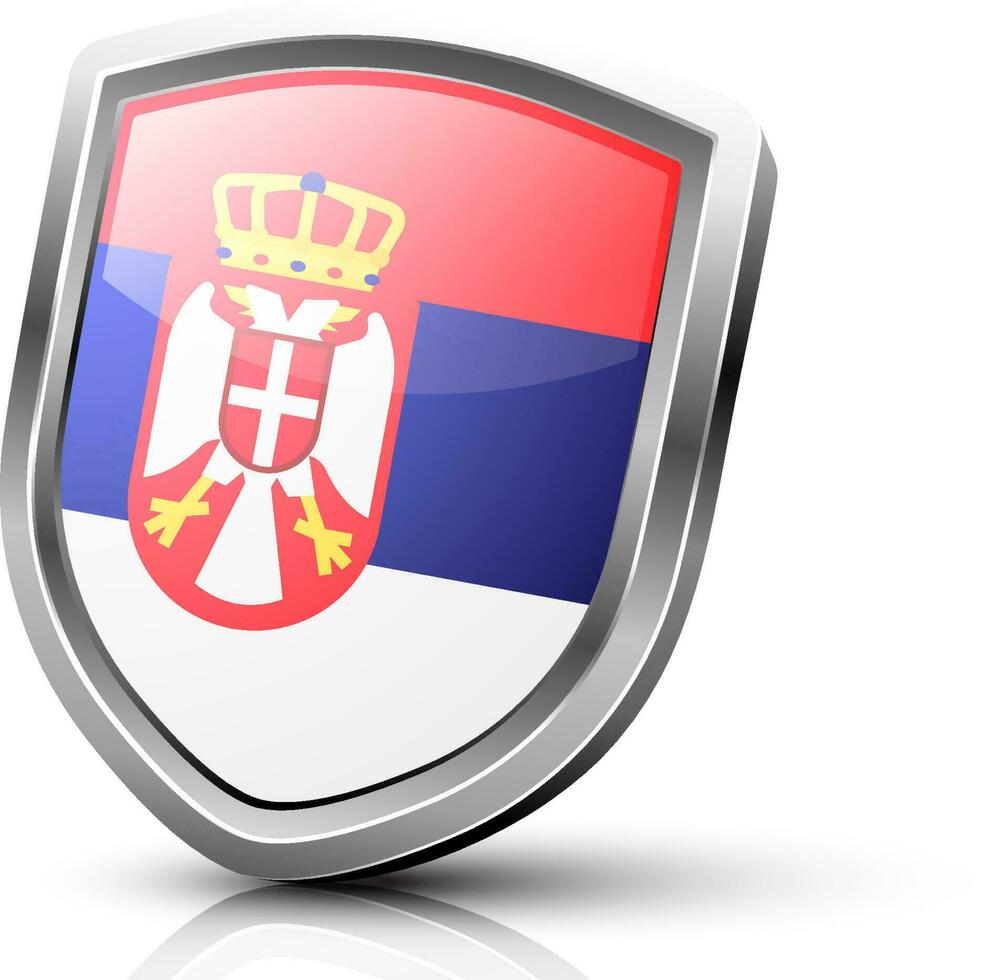 Glossy shield made by Serbia flag with symbol. vector