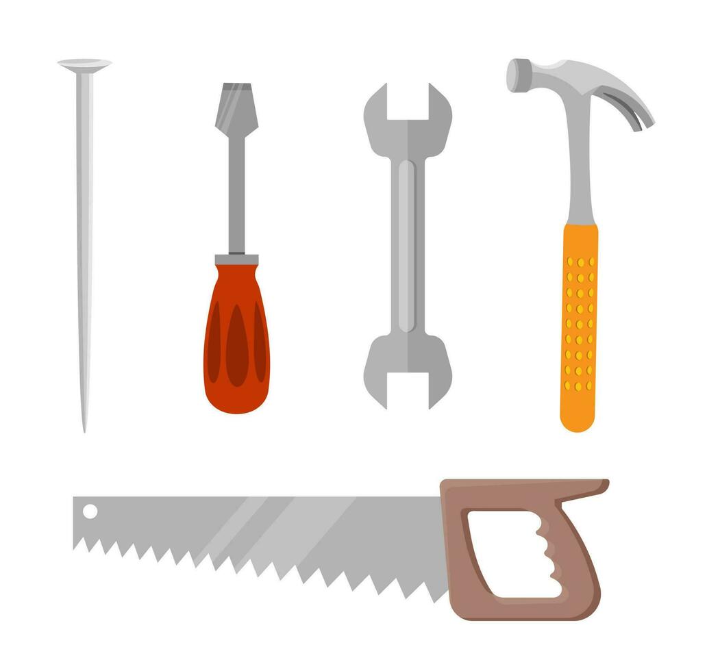 Various working Tools. Different instruments. Construction Building, repair concept. Screwdriver, saw, hammer, wrench, nail. Flat Vector set. All elements are isolated