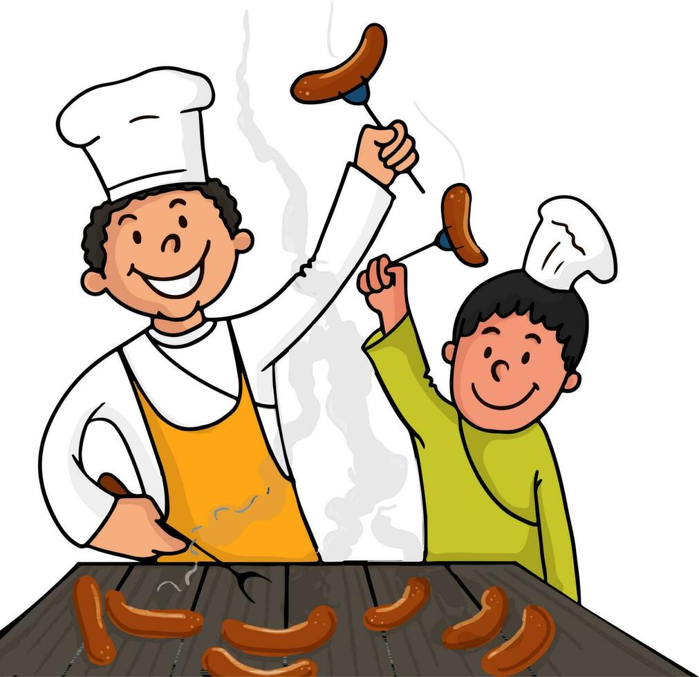 Father and son cooking food. vector