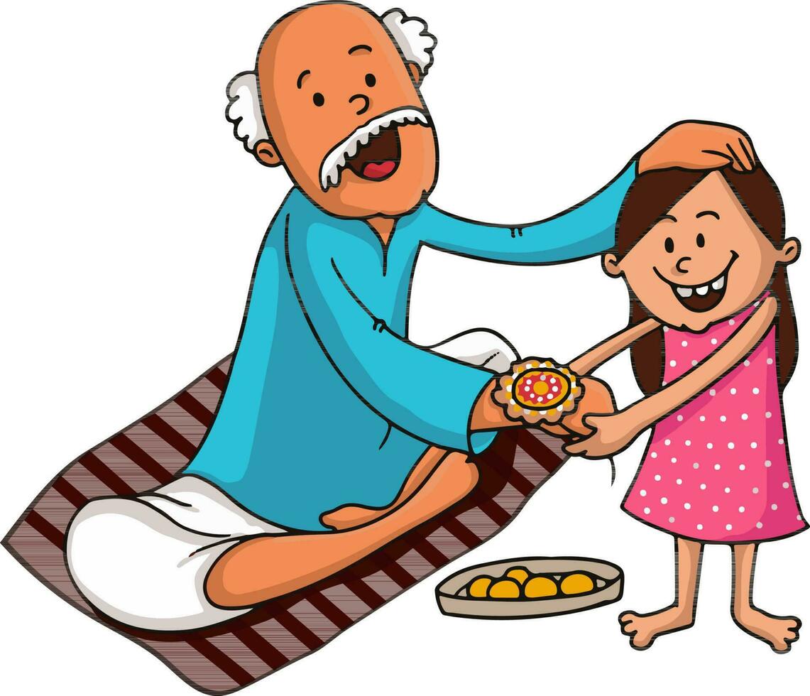 Little girl tying rakhi to her grandfather. vector