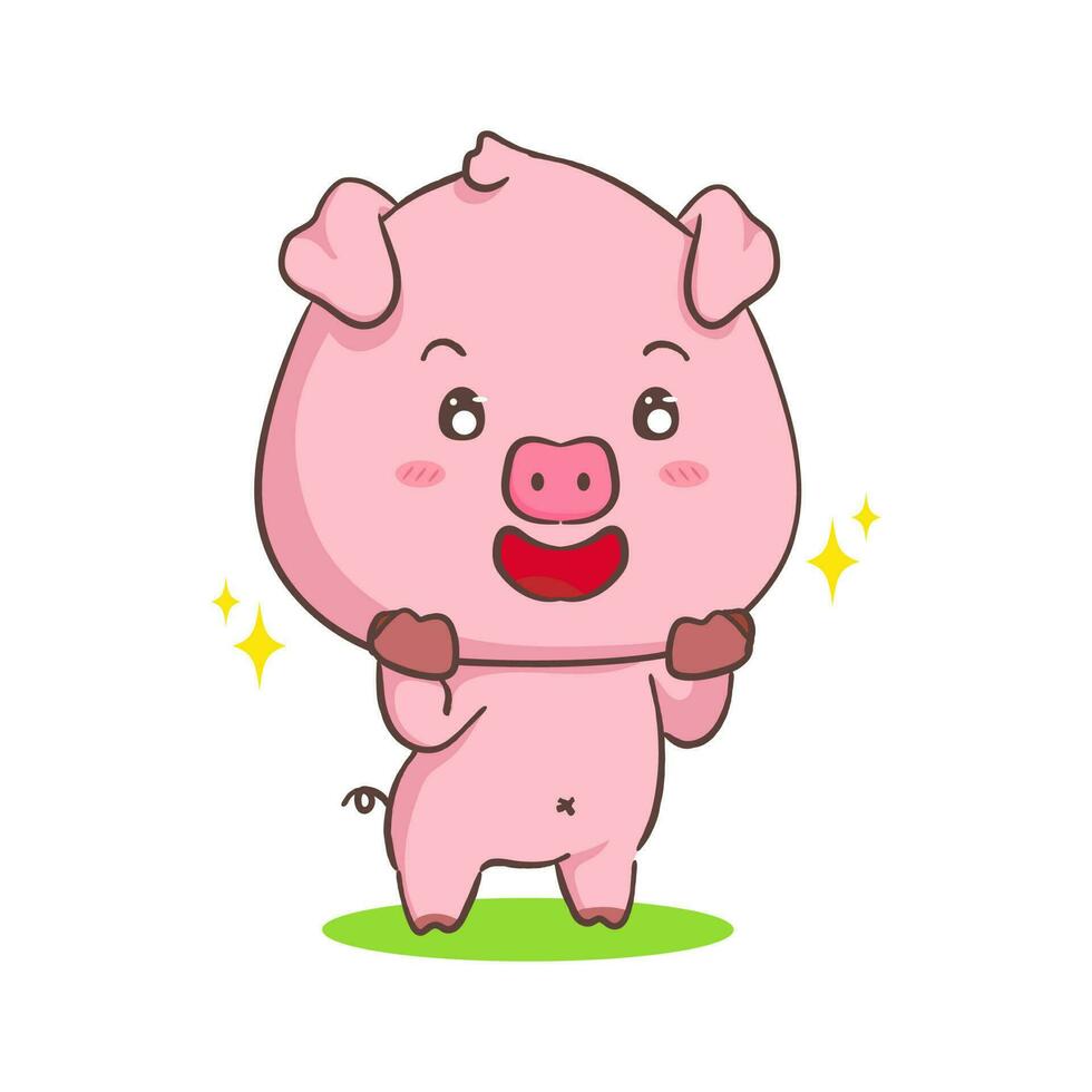 Cute pig cartoon character with excited expression. Adorable animal concept design. Isolated white background. Vector art illustration.