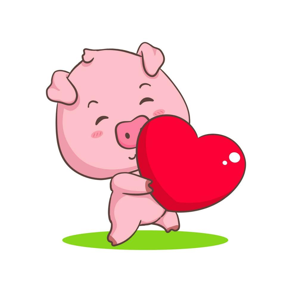 Cute pig cartoon character holding love heart. Adorable animal concept design. Isolated white background. Vector art illustration.