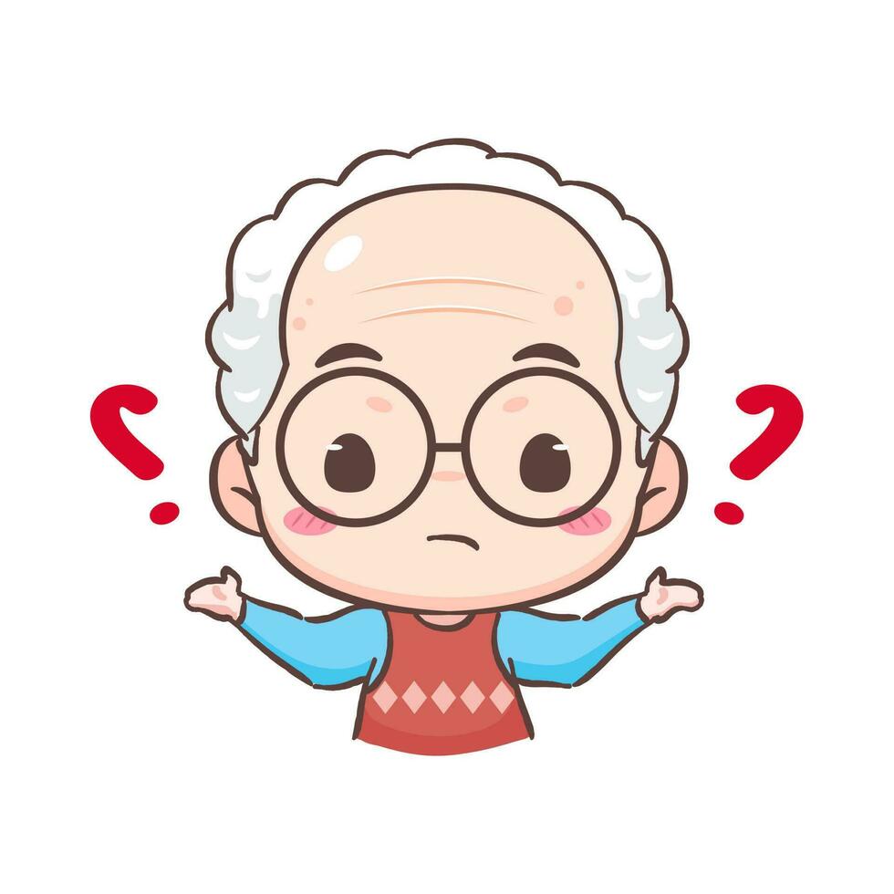 Cute grandpa confused with question mark  cartoon character. People expression concept design. Isolated background. Vector art illustration.