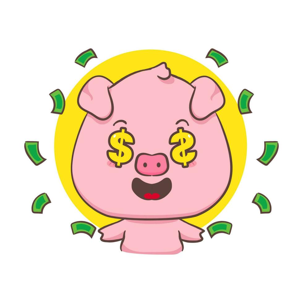 Cute pig cartoon character with dollar eyes and money around. Adorable animal concept design. Isolated white background. Vector art illustration.